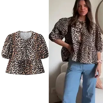 TRAF Leopard Print Blouse Women 2024 Bowknot Cut Out Crop Tops Woman Streetwear Short Sleeve T-Shirts Vintage Summer Blouses