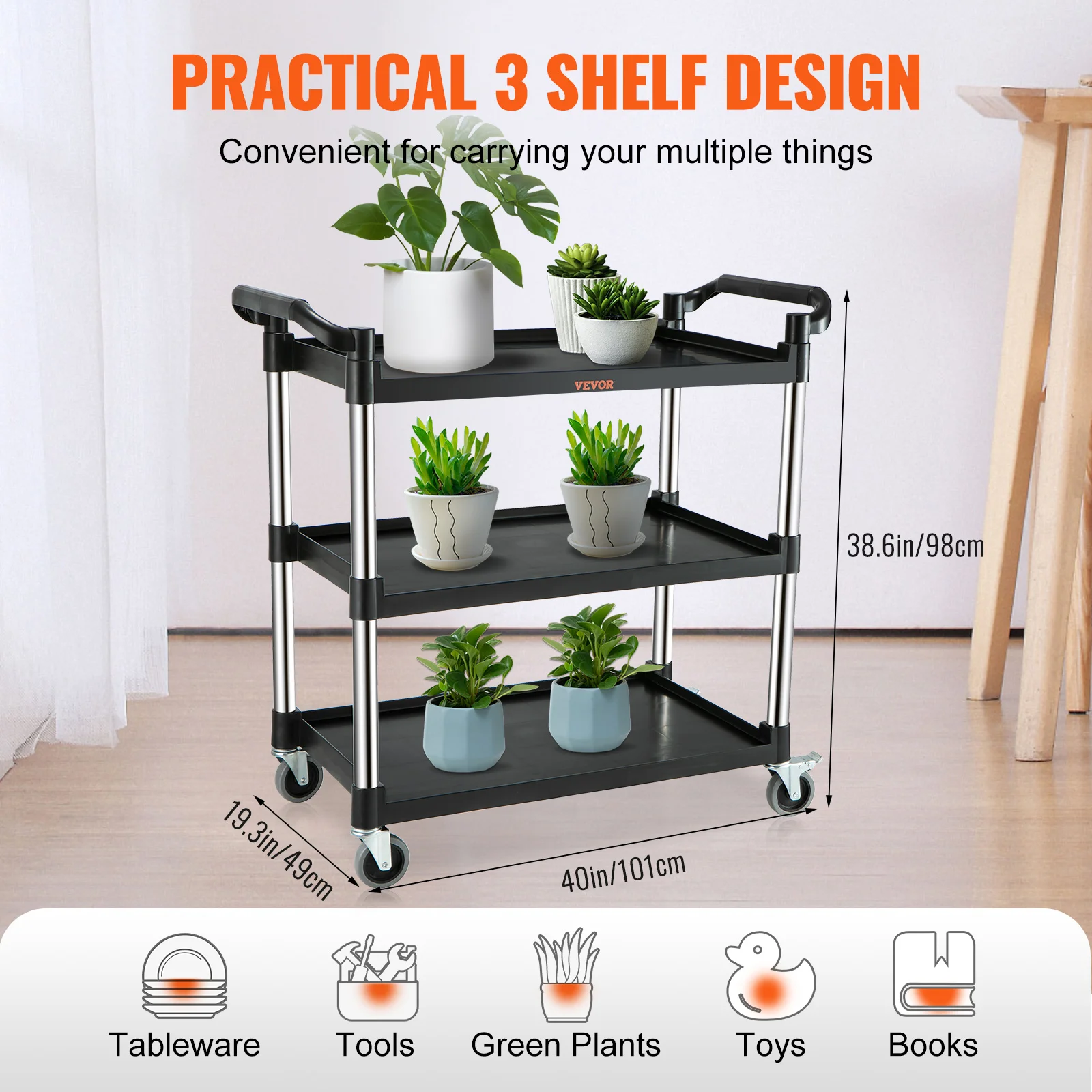 VEVOR Utility Service Cart 3 Shelf Heavy Duty 220LBS Food Service Cart Rolling Kitchen Storage Trolley with 4 Lockable Wheels 4