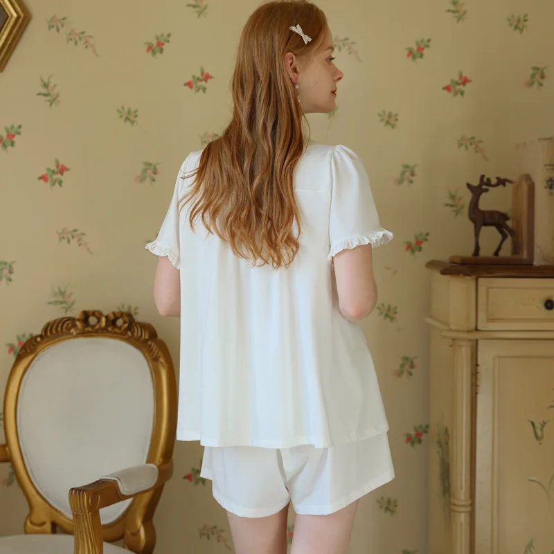 French Princess Sleepwear Cotton Short Sleeve Summer Women's Sweet and Cute Shorts Set Casual Loose Palace Style Two-Piece Set