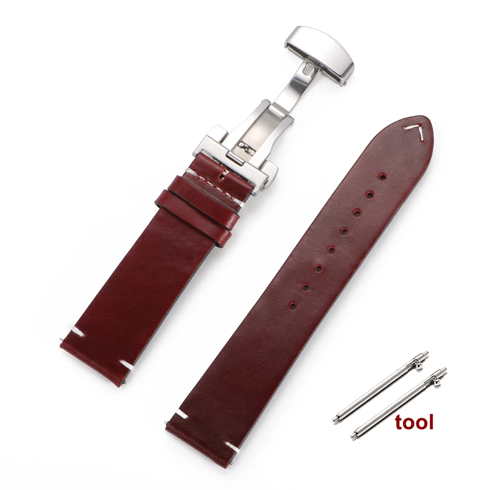 Vintage Oil Wax Genuine Leather Watchband with Quick Release Butterfly Buckle