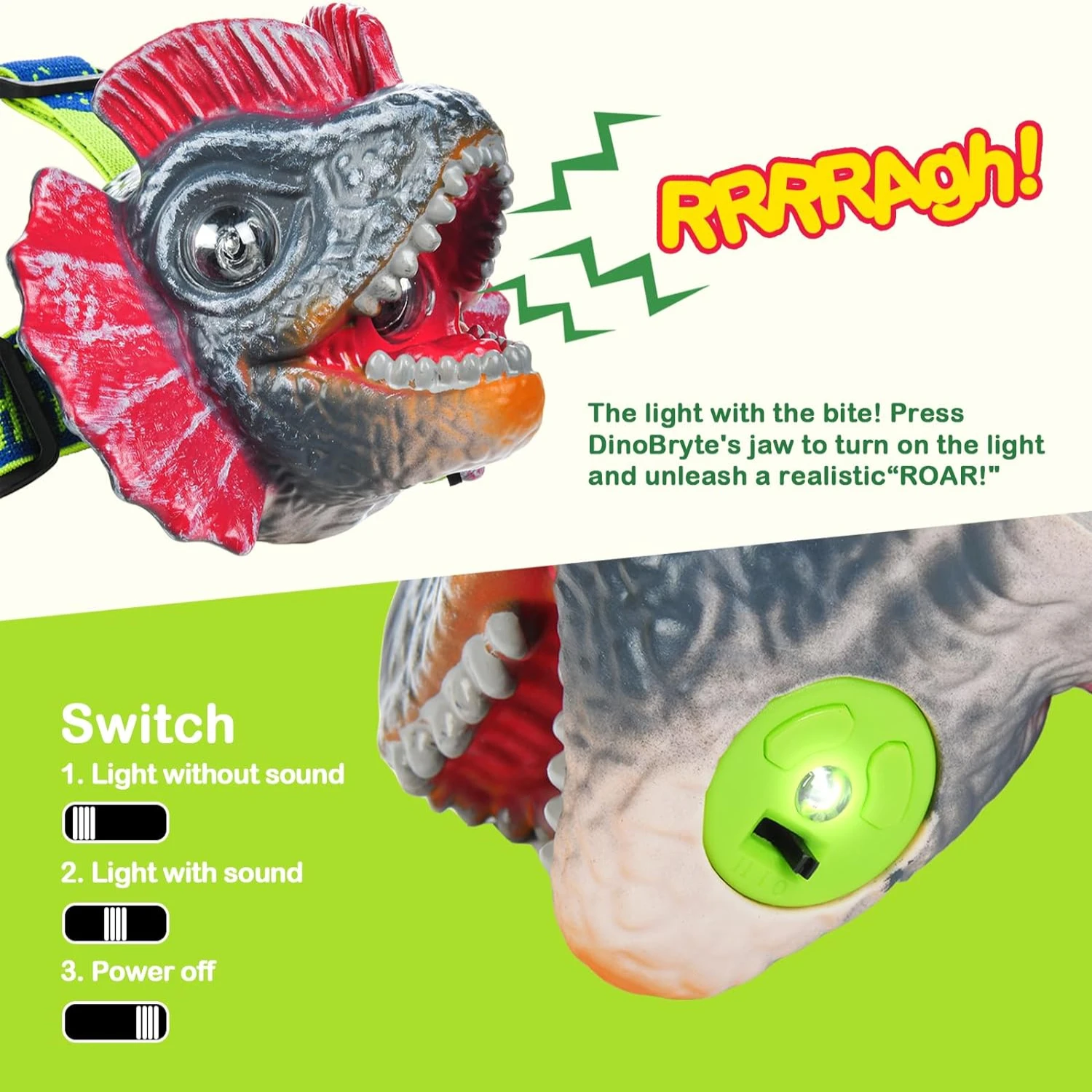 High-quality, long-lasting LED headlamp for kids. Unique dinosaur design with adjustable strap for a comfortable fit. Explore in
