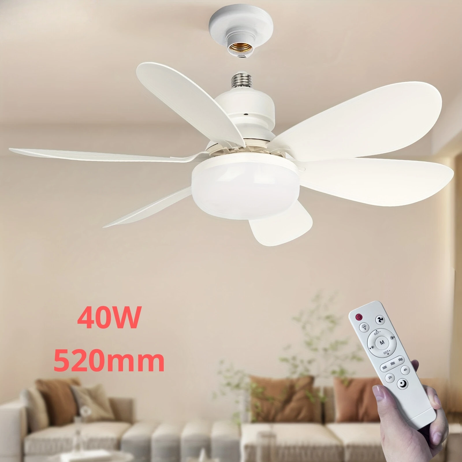 20.5" Screw Ceiling Fan with Light and Remote, 40W Socket Fan Light, E27 Electric Fan with LED for Kitchen, Bathroom, Bedroom