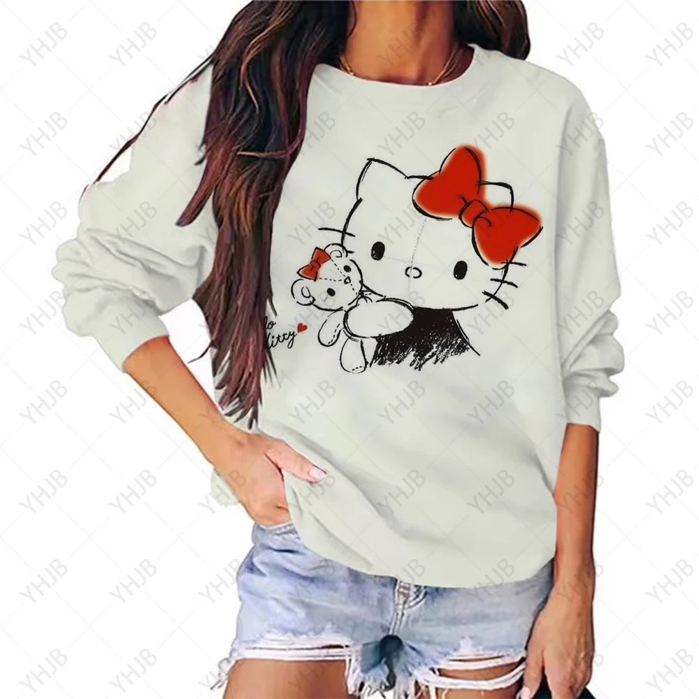 

Женский Осенний свитшот с принтом Hello Kitty, свободные пуловеры с круглым вырезом, милые топы для девочек в стиле Харадзюку, Топ большого размера с длинным рукавом
