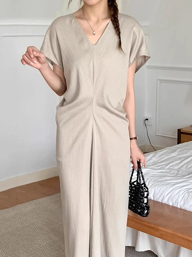 

SuperAen 2024 Korea Chic Summer Style V-neck Pleated Waist Linen Short Sleeve Dress for Women