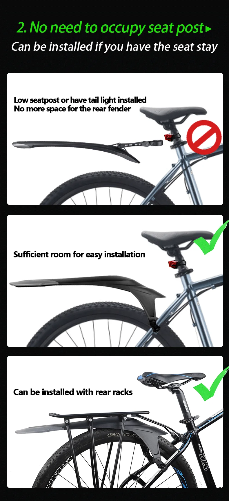 RBRL Bicycle Fender Wings for Bicycle 29 Mud Flaps for Bicycle Mountain Bike Fender Quick Release 24 to 29 Inch MTB Accessories