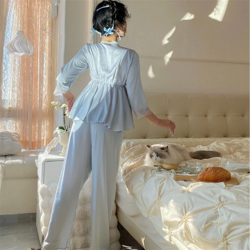 Spring New Lace Pajamas Suit Princess Style Nightwear Rayon Stain Solid Long Sleeve Deep V-Neck Home Clothes 4
