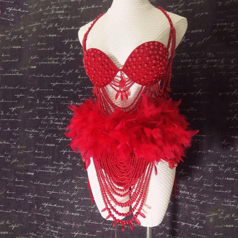 Sexy Pole Dance Bikini Festival Outfit Drag Queen Costume feather Pearls Bodysuit Women Stage Performance Wear