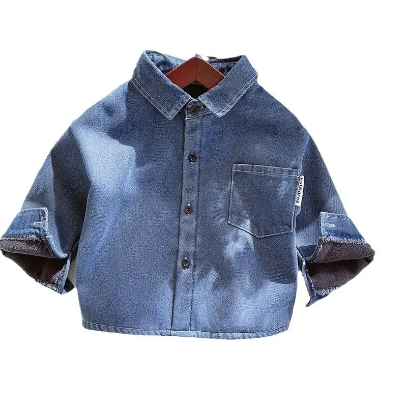 Thickened Fleece Lined Denim Shirt Jacket for Boys Autumn Winter Clothes Outerwear for Baby Boys Stylish And Handsome