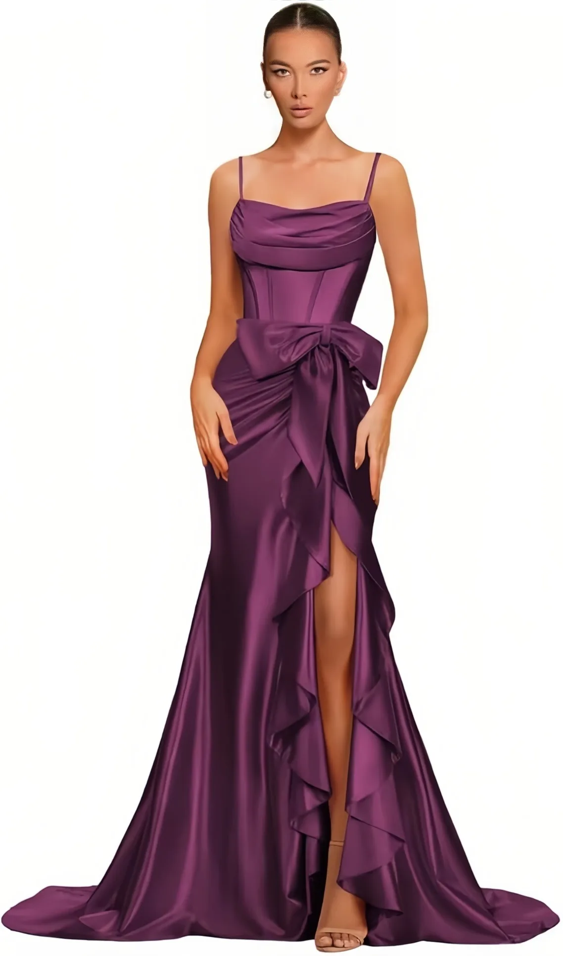 Spaghetti Straps Satin Prom Dresses for Women Mermaid Evening Gown Split off Shoulder Cocktail Dress with Bow Guest Dress 5