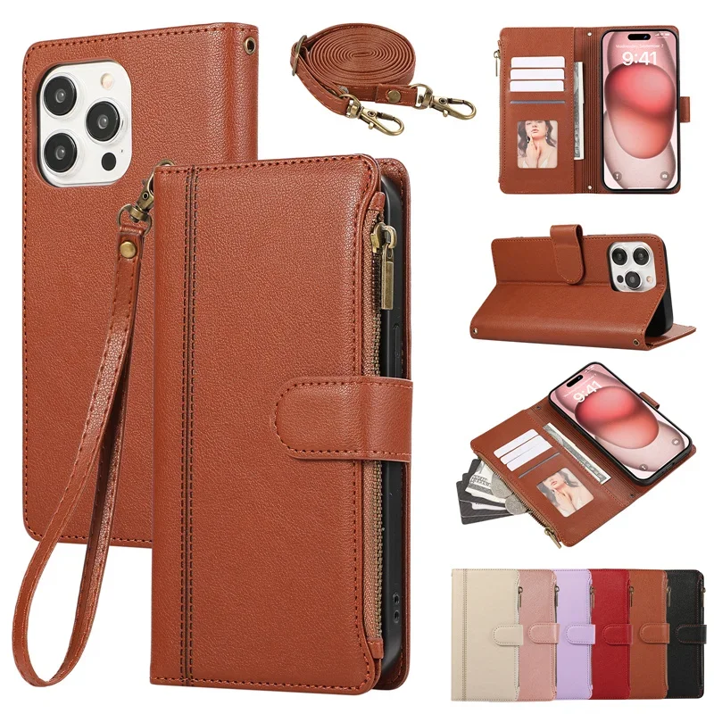 

Crossbody Wrist Strap Leather Phone Case for IPhone 13 12 Mini 15 14 11 Pro Max XS X XR 8 7 6 Plus Wallet with Card Holder Cover