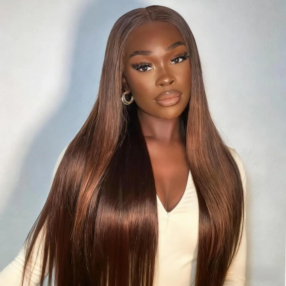 # Perruque brune chocolat 4 tons en cheveux humains, frontale en dentelle HD 13x6, densité 200, lisse, pré-épilée avec baby hair, sans colle, pour femmes 1