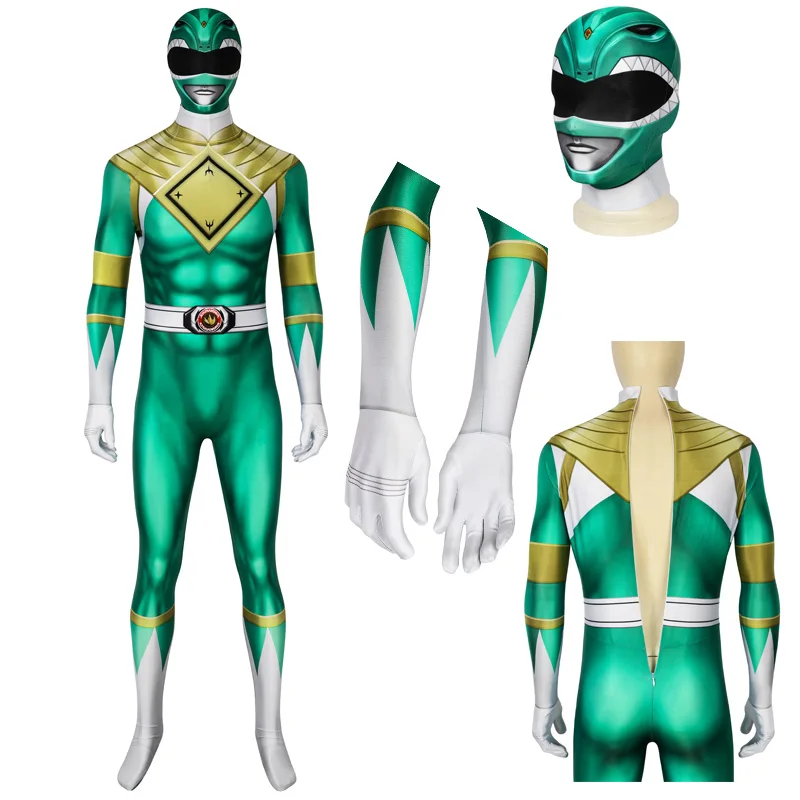 

Tommy Adult Ranger 3D Printing Zentai Jumpsuit Carnival Cosplay Costume Halloween Stretchy Green Bodysuit With Hat