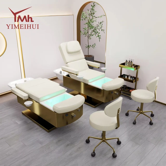 Lit de pédicure pour le visage, Design professionnel de luxe 3 en 1, multifonctionnel, soins du visage, shampoing, avec baignoire pour les pieds 1