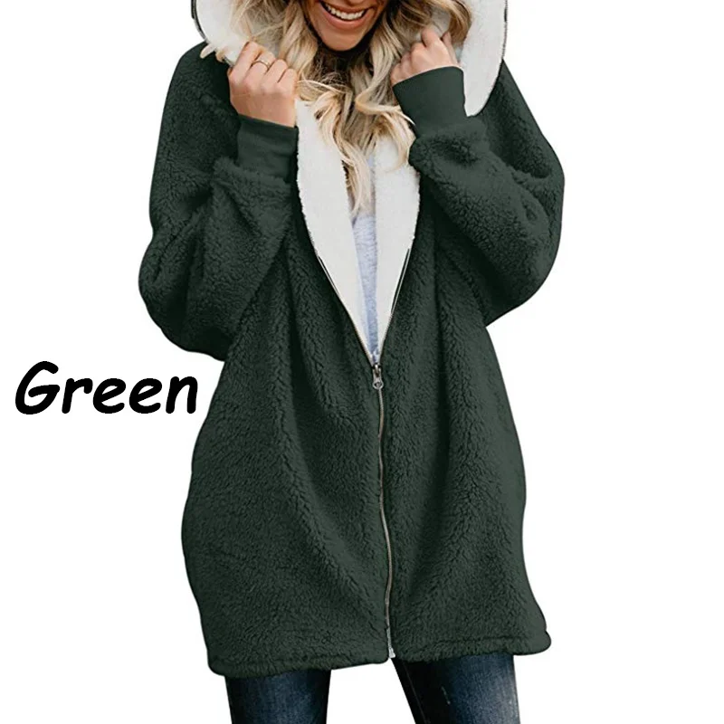2023 hot Women Fluffy Long Sleeved Hooded Cardigan Jacket Winter Warm Zipper Fashion Solid Color Coat
