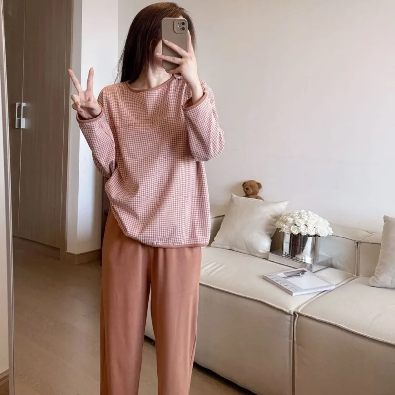 Women's Casual Pajamas Long-Sleeved Plaid Loose Fashion Pajamas Set Spring New Female Large Size Round Neck Homewear Suit 2024