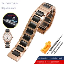 Ceramic and Stainless Steel Combination Fashion Watch Strap - Unisex Bracelet Style - 17mm (Rose gold black)