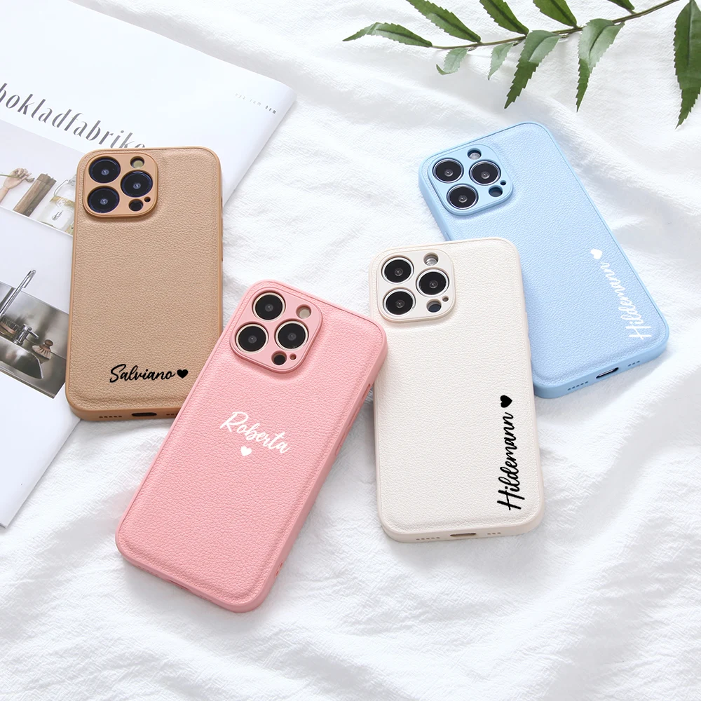 

Customized Name Heart Leather PU Case For iPhone 11 12 13 Pro Max Mini X XS XR 7 8 Plus Personalised Luxury Cover iphone 11 Case