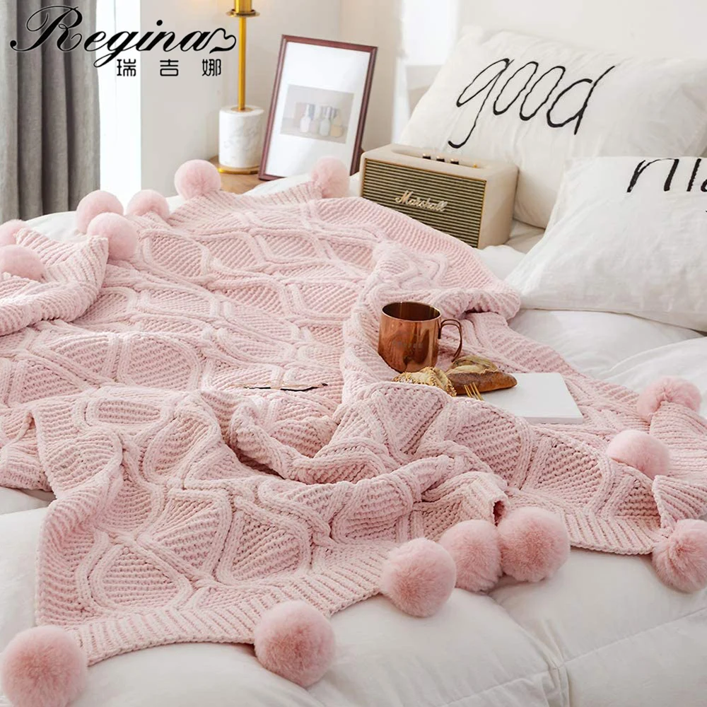 REGINA Chenille Plaid Throw Blanket Pink Ivory Gray Pompom