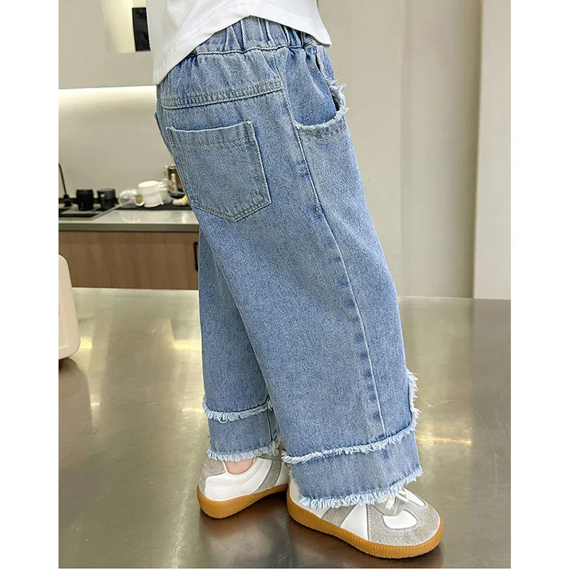Girls Wide Leg Embroidered Jeans Pants for Kids