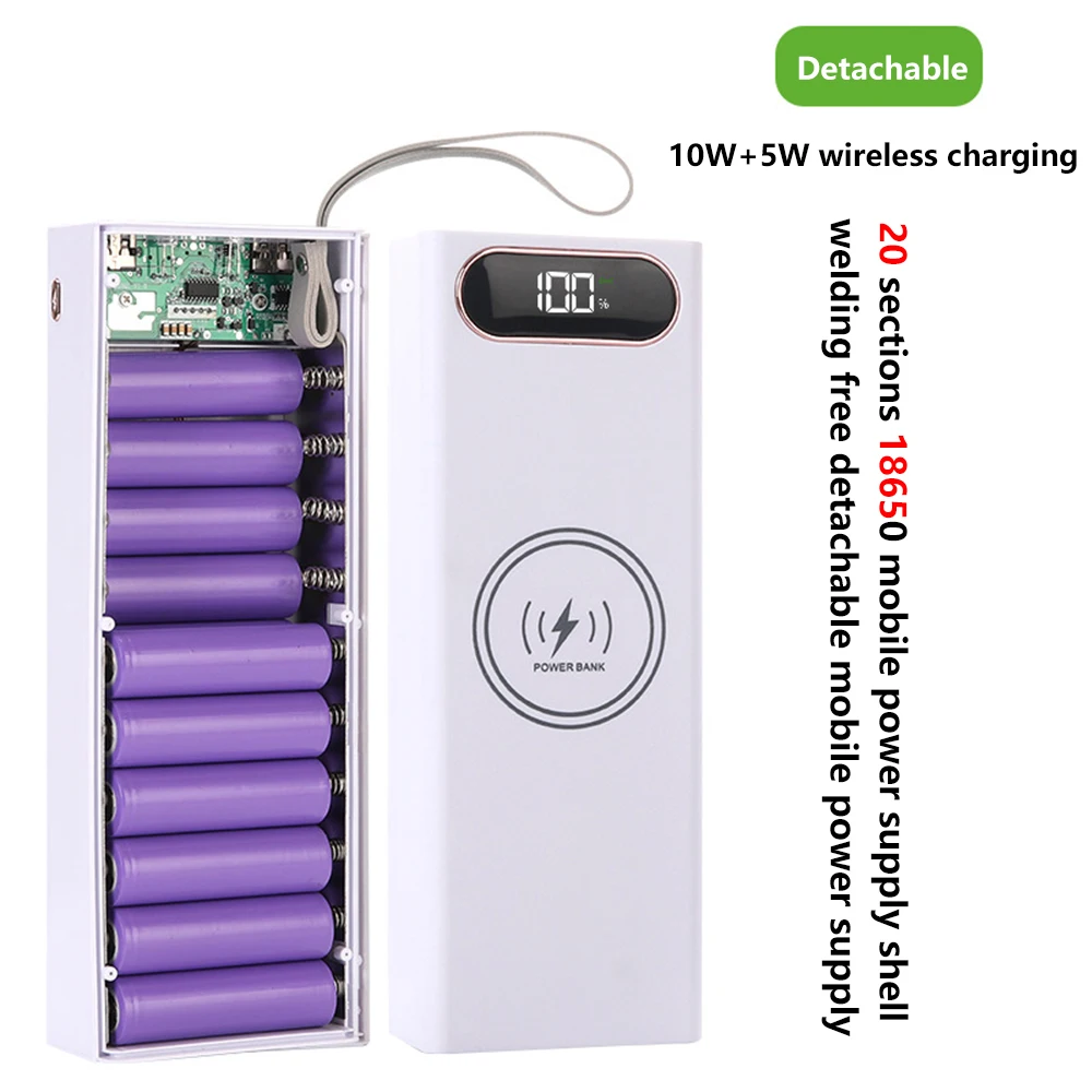 Battery Power Bank Box DIY Detachable 20 Sections 18650 Battery Power Bank Case Fast Charging 22.5W +15W Wireless Charge Storage Box QC4.0 PD3.0