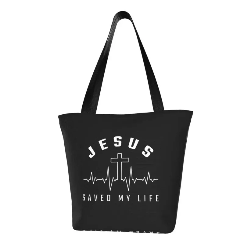 

Jesus Saved My Life Groceries Shopping Tote Bags Christian Religious Faith Canvas Shoulder Shopper Bag Large Capacity Handbag