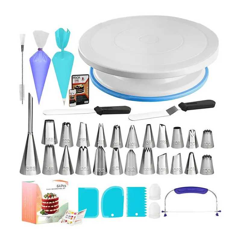 

Cake Decorating Supplies Kit 64PCS Cake Turntable Cake Decorating Supplies Icing Piping Tips Frosting Pastry Tools Reusable Bags
