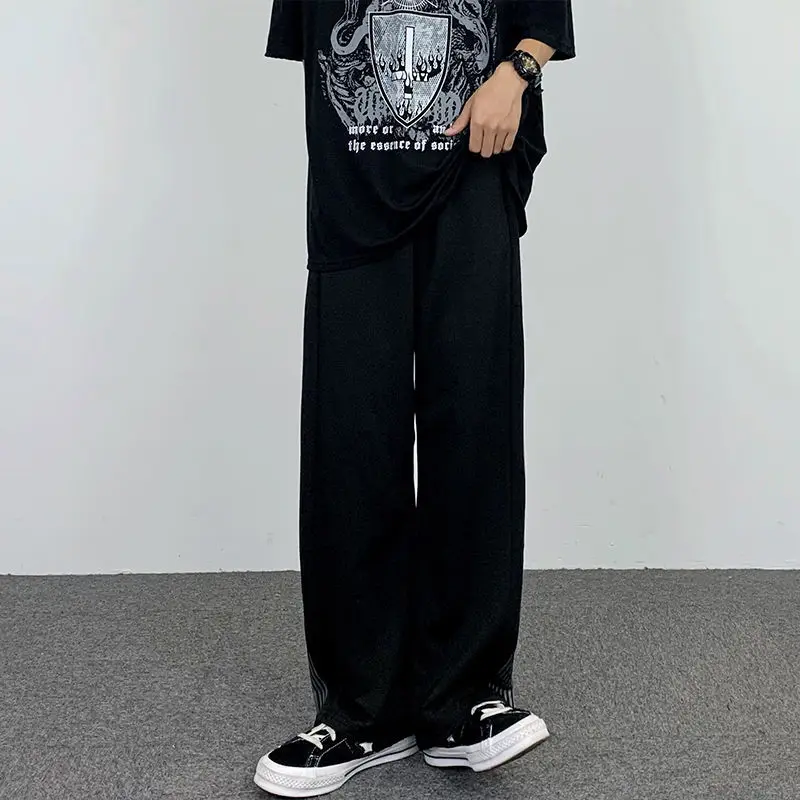 Preppy Style Student Loose Side Striped Printed High Street Wide Leg Sports Pants Men Elastic Waist Pockets Straight Trousers