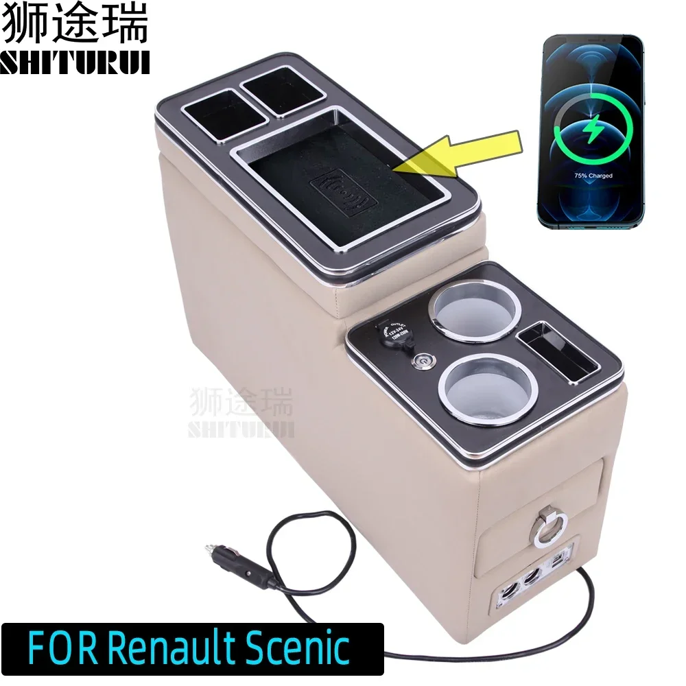 

FOR Renault Scenic Armrest Box Storage Box Mobile Phone Charging Large Space Water Cup Slot Usb Atmosphere Light