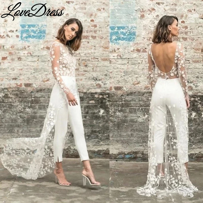 Sexy Open Back Wedding Pant Suits For Brides With Train Applique Lace