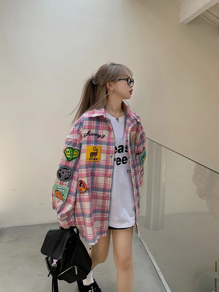 トップス haruwo673 ADAgirl Vintage Plaid Blouse Harajuku Streetwear Oversize