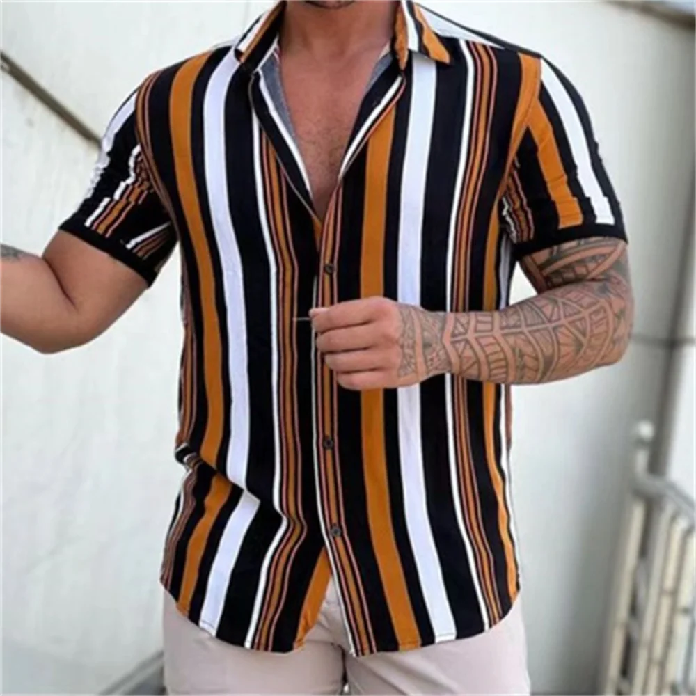 Men's short sleeved lapel striped printed button up shirt for summer leisure vacation, comfortable and soft Hawaiian shirt 2