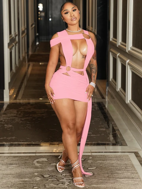 kliou Asymmetrical Sexy Hot Women Mini Dress Midnight Metal Splice Hollow Cleavage Cross Backless Bodycon Female Party Clubwear 1