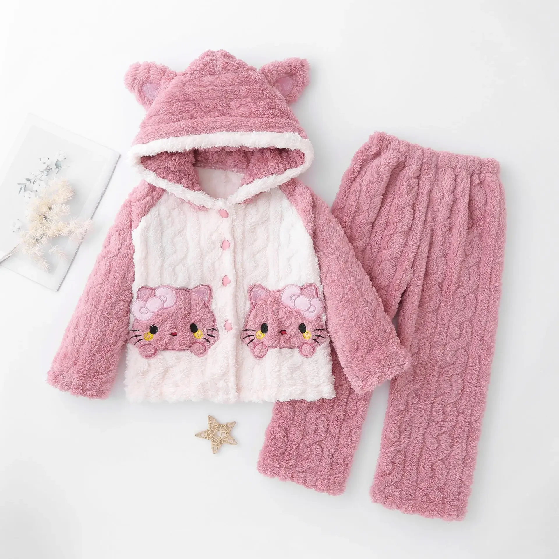 

Anime Sanrio Hello Kitty Children Cartoon Pajamas Kawaii Cinnamoroll Kuromi My Melody Thin V-Neck Pajamas Pure Homewear Set