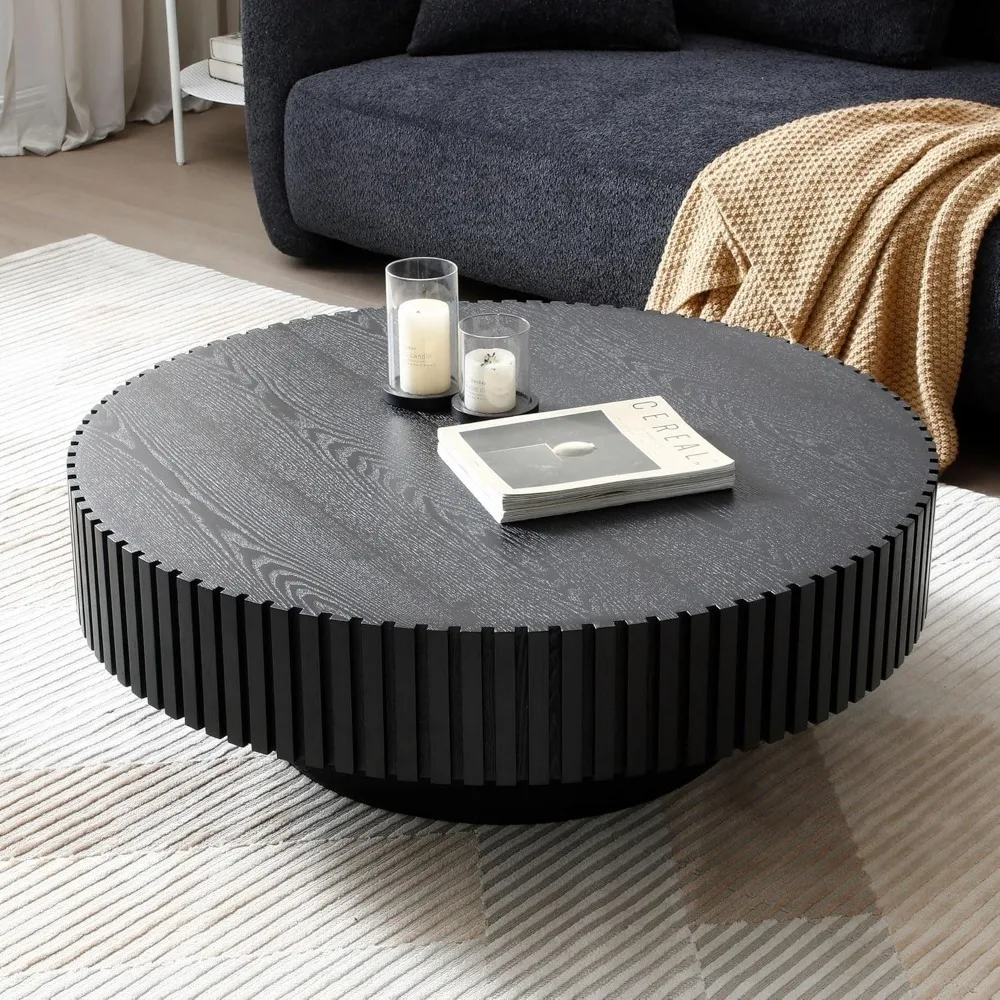 31.49'' Black Round Coffee Table Modern Wood Coffee Table for Living Room, Contemporary Circle Fluted Drum Tabl