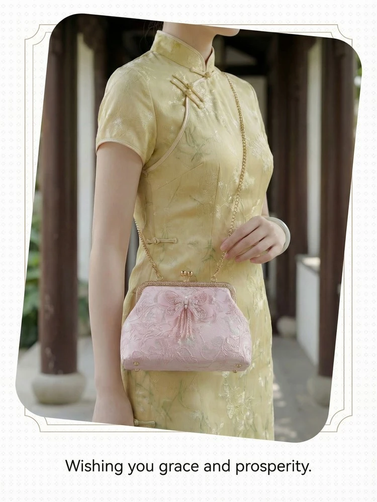 Chinese Style Butterfly Embroidery Clutch Vintage Lace Kiss Lock Handbag Elegant Evening Bag with Gold Chain for Women