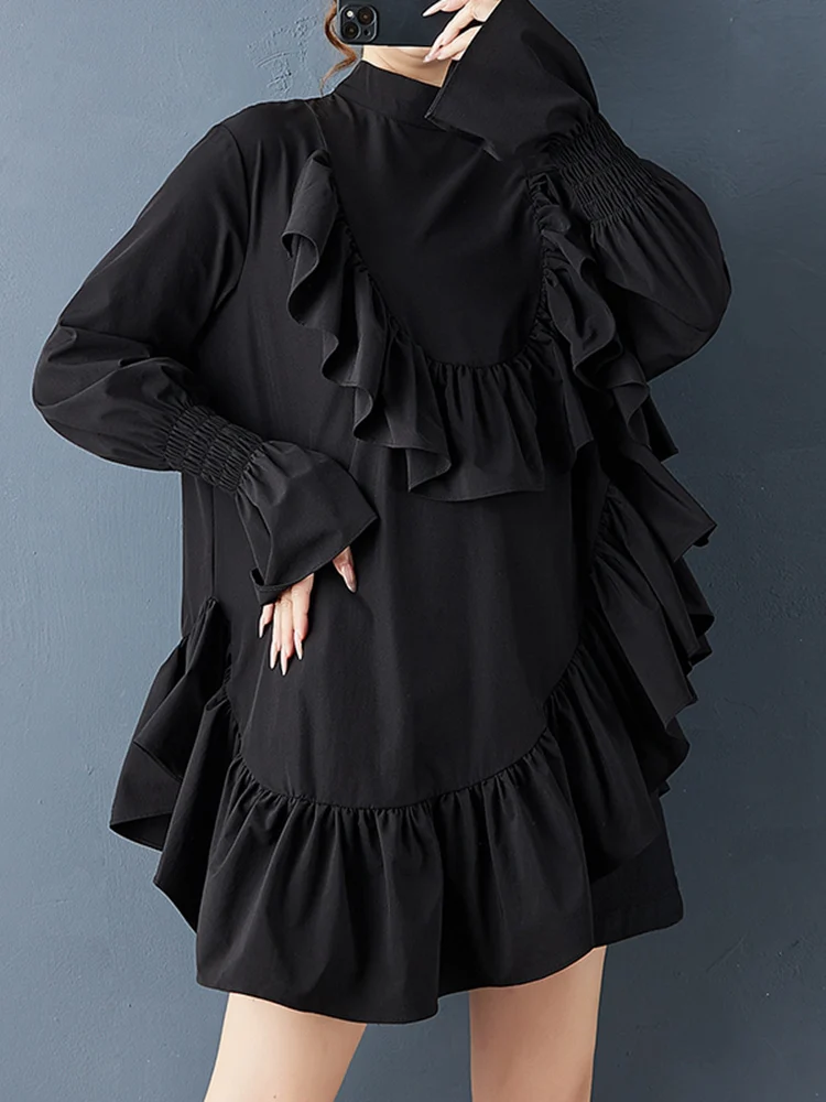 Women Ruffles Irregular Oversized Blouse New Stand Collar Long Sleeve Loose Casual Shirt Top Fashion Clothing Spring Autumn 2025