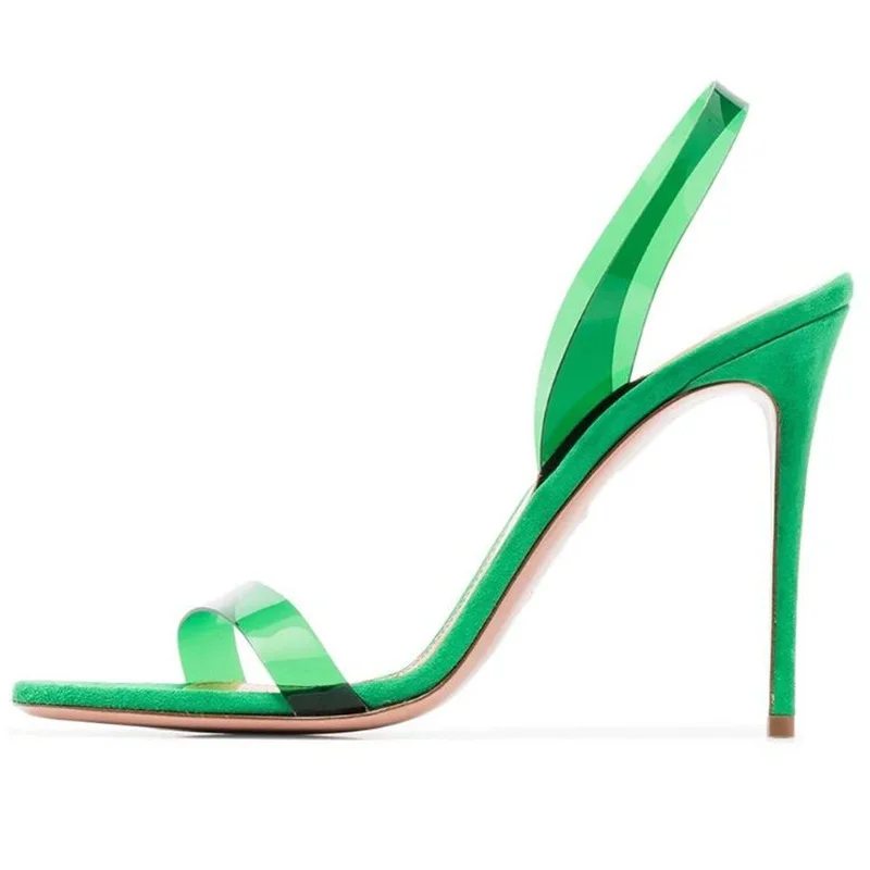 

Transparent PVC Strap Slingback Women Pumps Peep Toe Green Purple Suede Hollow Thin Heels Sandals 12CM Big Size Drop Shipping