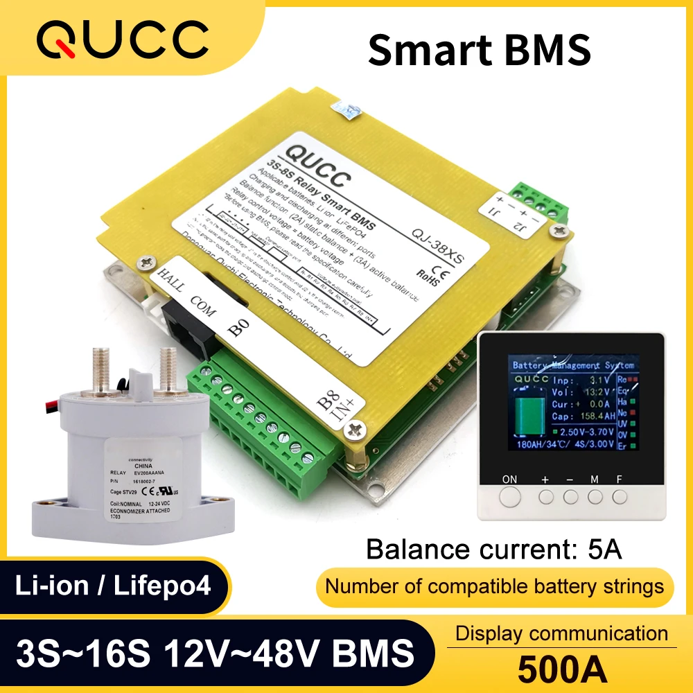 Qucc 배터리 액티브 밸런스 디스플레이 릴레이 접촉기, 스마트 BMS, 200A, 300A, 400A, 500A, 4S, 8S, 10S, 13S, 16S, Lifepo4, 12V, 24V, 36V, 48V,
