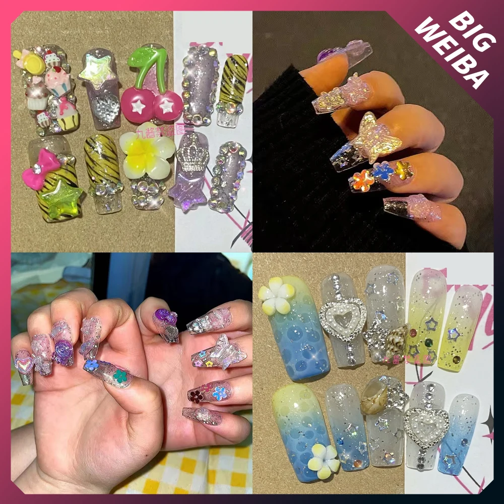 

Y2K Spicy Girl Flower Cherry Cake Handmade False Nails Butterfly Beach Tiger Skin Pattern Style 3D Press On Nails Tip Girl Gift