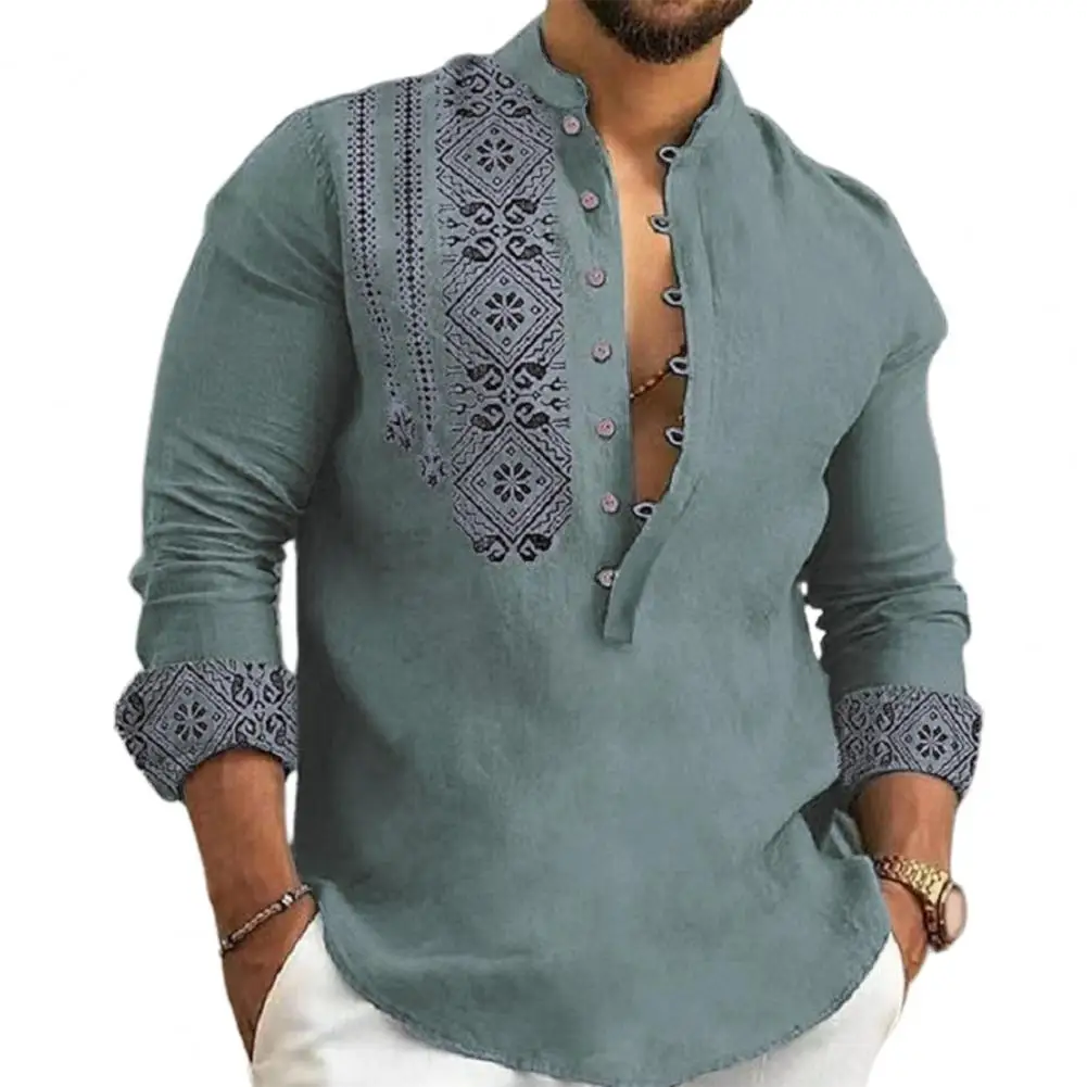 

Men Spring Fall Shirt Stand Collar Half Single-breasted Vintage Long Sleeve Pullover Print Mid Length Men Casual T-shirt