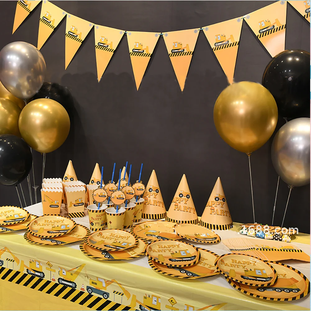 

Construction Vehicle Party Decorations Disposable Tableware Paper Plate Cup Excavator Balloons Kids Boys Birthday Party Supplies