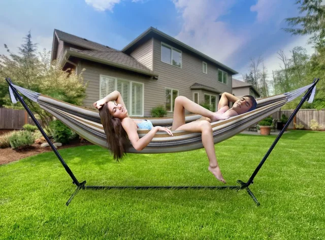 Hot Selling Portable Outdoor Indoor Double Hammock with Steel Stand Two Person Adjustable Hammock Bed 2