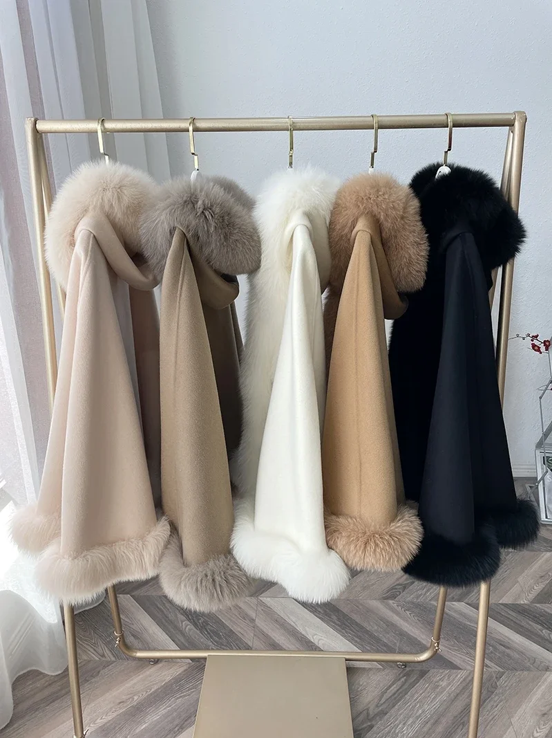 Winter Jacket Women's Clothing Medium Length Fox Fur Cape Wool Double-sided Fur Coat Hooded Warm Thick Loose Fitting Outer Wear