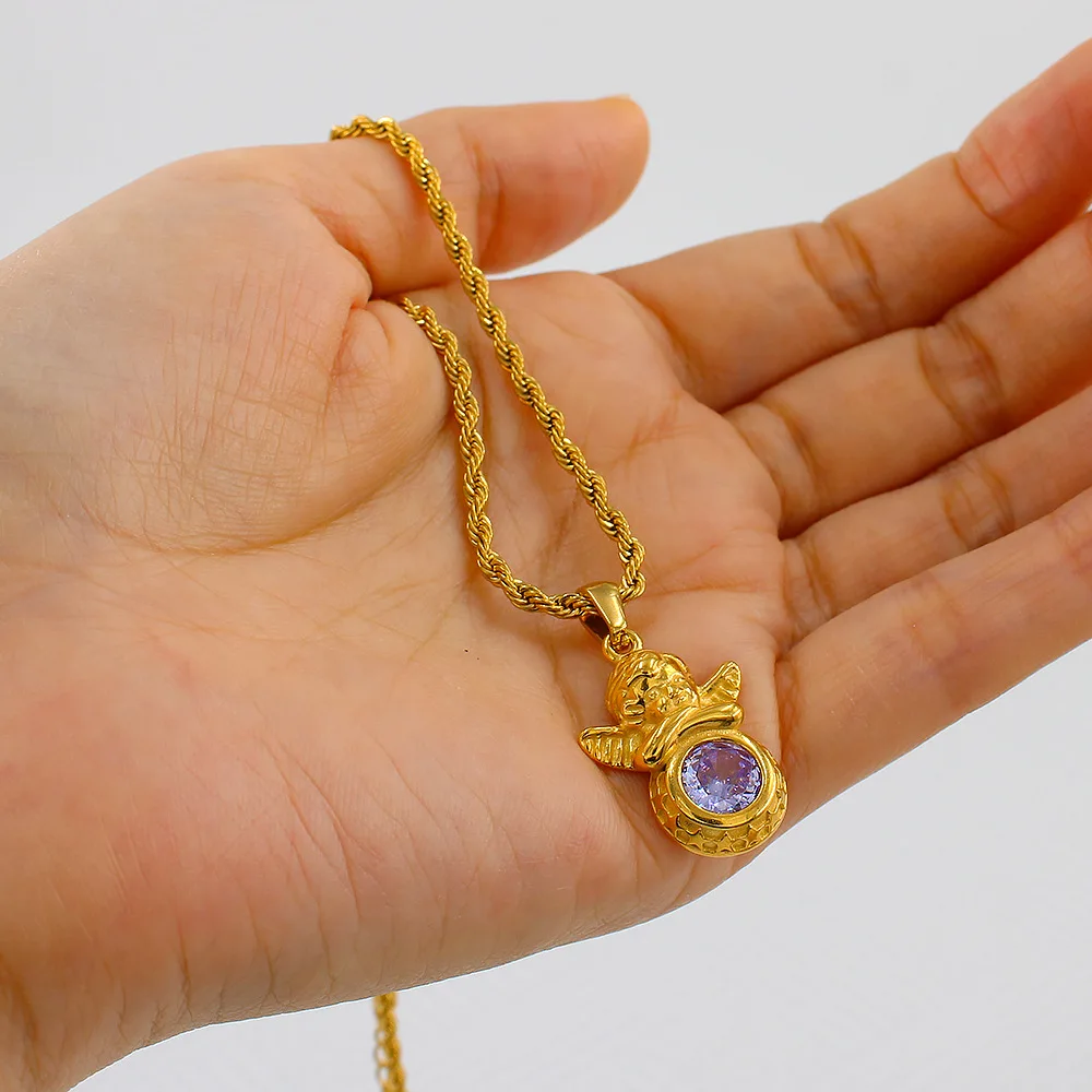 Retro Chunky Twist Metal Chain 12 Month Birthstone Necklace Multicolor Crystal Zircon Cherub Angel Choker Party Gifts Jewelry