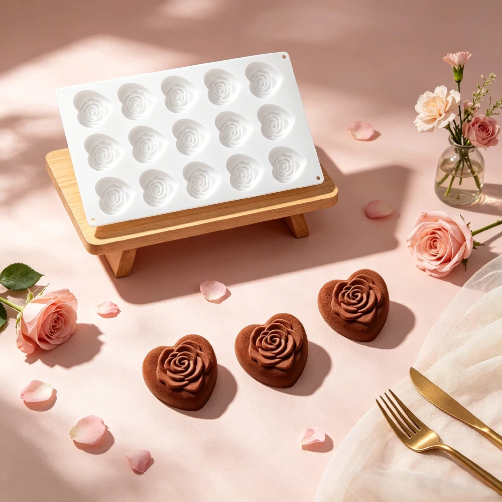 Heart Rose Silicone Mold for Baking and Desserts - Ideal for Mousse, Chocolate, Candy, Pudding, and French Pastries - Perfect for Valentine's Day and Weddings