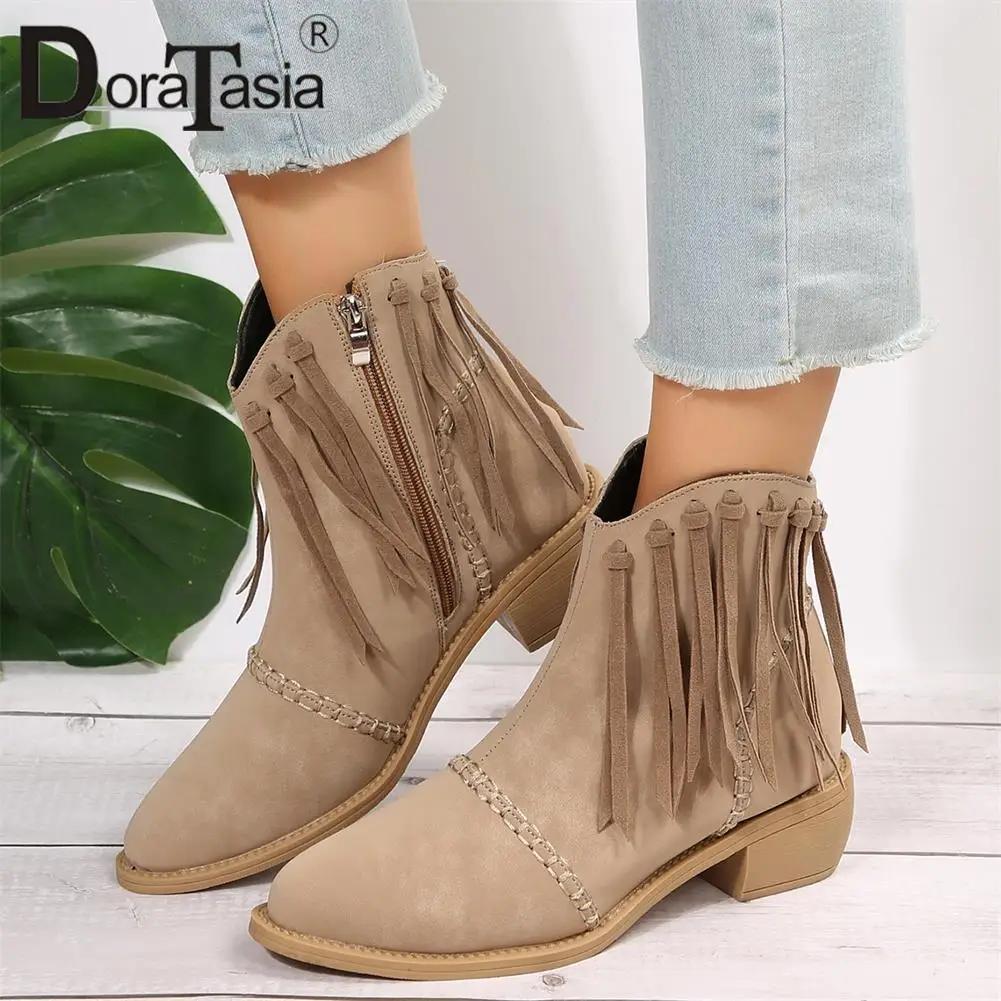 

Brand New Female Pointed Toe Western Cowboy Boots Fashion Fringe Buckle Chunky Heel women's Ankle Boots Casual Woman Shoes