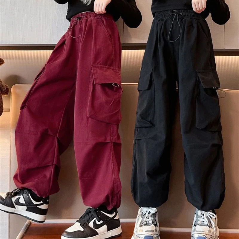 Kids Fashion Cargo Pants Girls Hip Hop Joggers Trousers Children Straight Baggy Sweatpants Spring Autumn Vintage Casual Pants