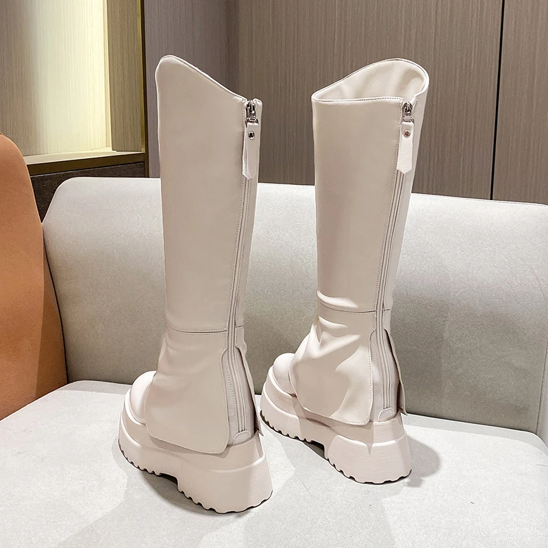 Women Knee High Boots Soft Leather Platform Winter Motorcycle Shoes Woman High Heels Long Boots Ins Hot Chunky Boots Botas Mujer