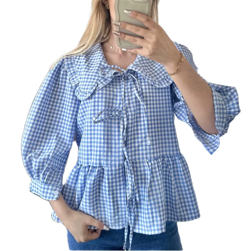 Babydoll Tops y2k Clothing Women Summer Ruffled Collar Lace Up 3/4 Sleeve Loose Blouses Shirts 2000s Clothes Streetwear