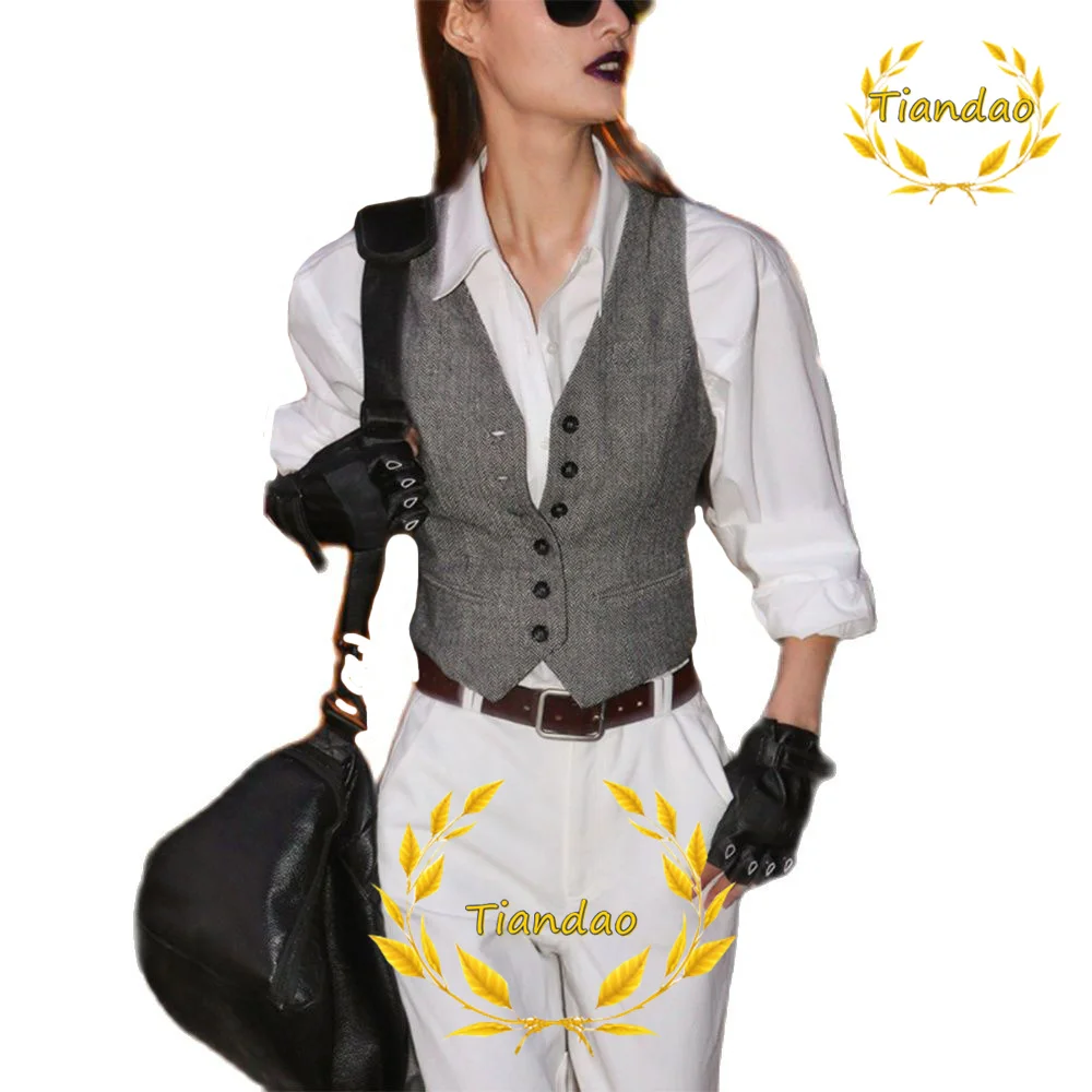 Vintage Women's Vest Herringbone Wool Sleeveless Jacket V-Neck Single Breasted Vest Steampunk Waistcoat for Lady